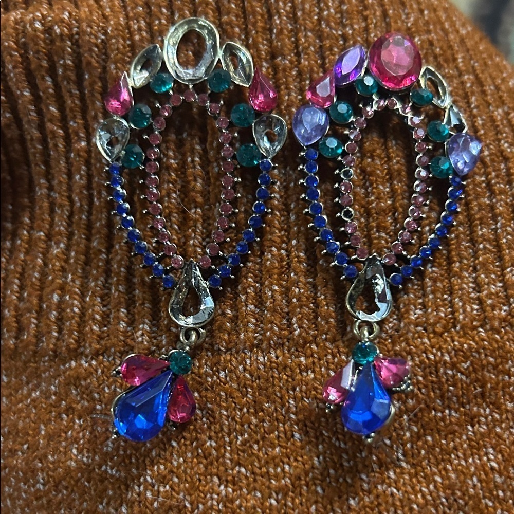 Vintage Rhinestone Chandelier Dangle Earrings Jewel Tone Statement